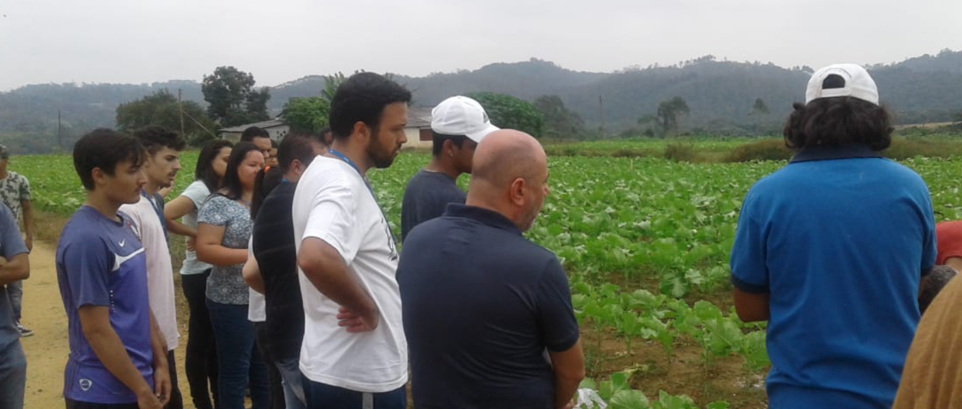 imagem mostrando alunos em visita a produção de cogumelos.