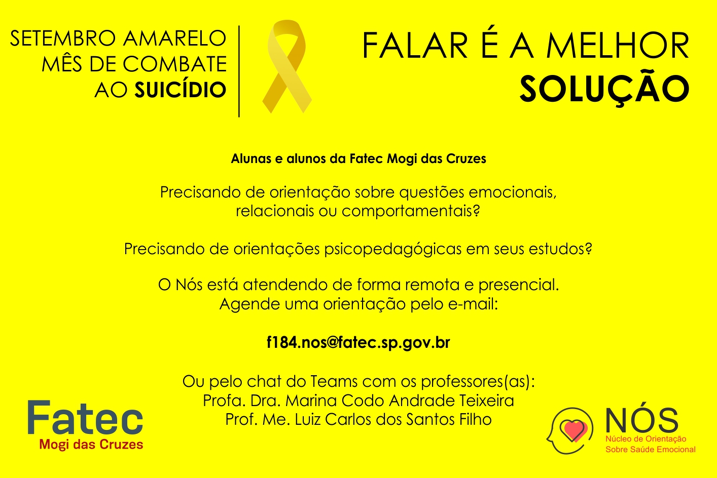 Imagem contendo informações sobre o NÓS e o setembro amarelo.